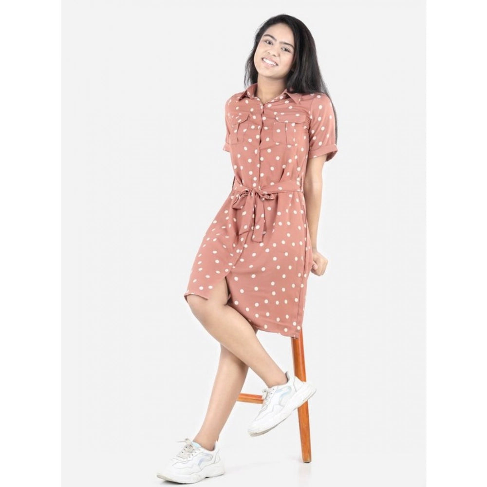 Brown polyester printed short sleeve shirt collar dress, vibrant pattern on youthful fashion