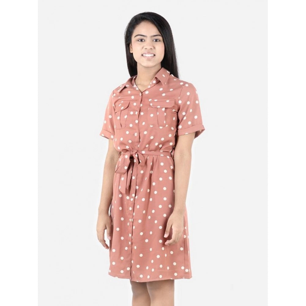 Brown polyester printed short sleeve shirt dress with a collar, suitable for girls' casual wear