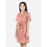 Brown polyester printed short sleeve shirt dress with a collar, suitable for girls' casual wear