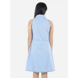 Blue denim solid sleeveless shirt collar dress for girls, knee-length style