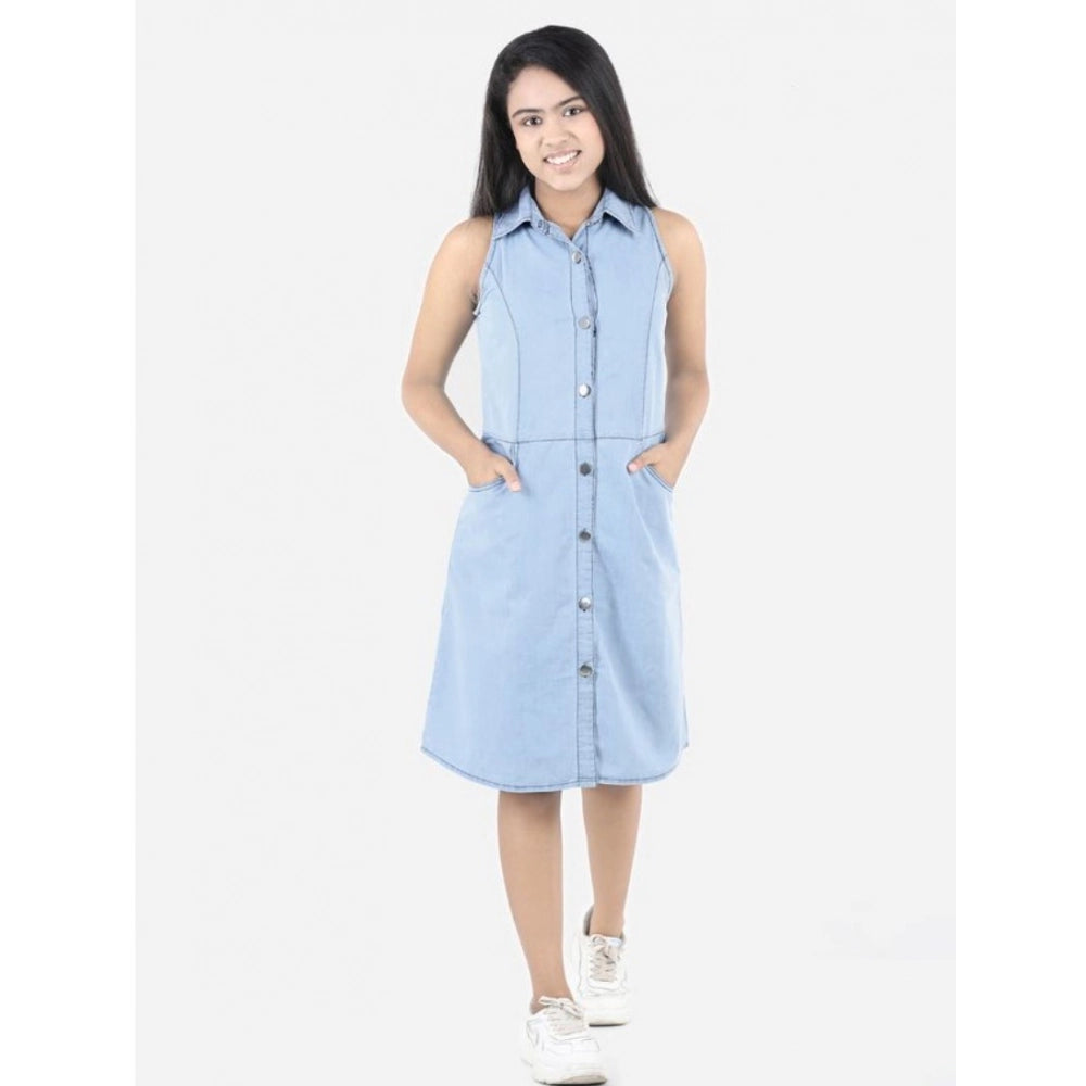 Blue denim sleeveless shirt collar dress, solid pattern for girls' fashion