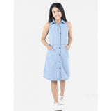 Blue denim sleeveless shirt collar dress, solid pattern for girls' fashion