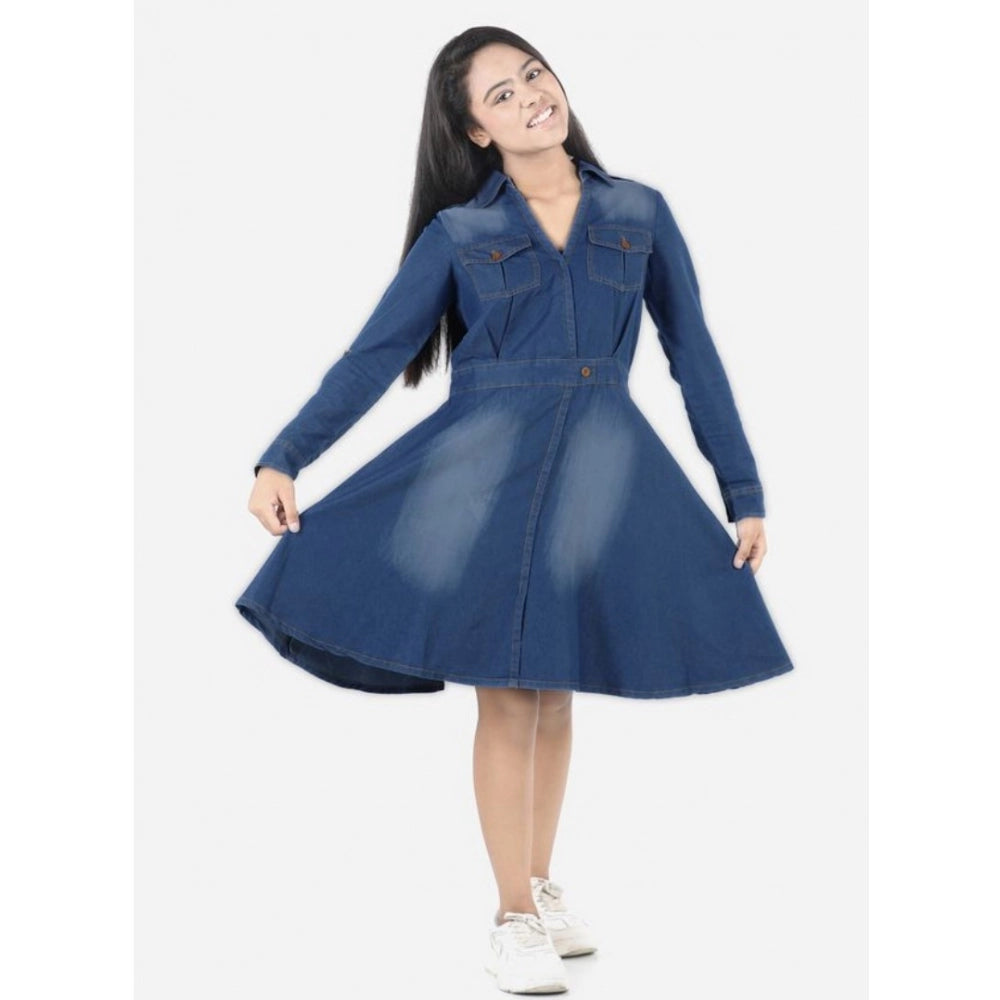 Blue denim long-sleeve shirt dress with collar, solid pattern for girls