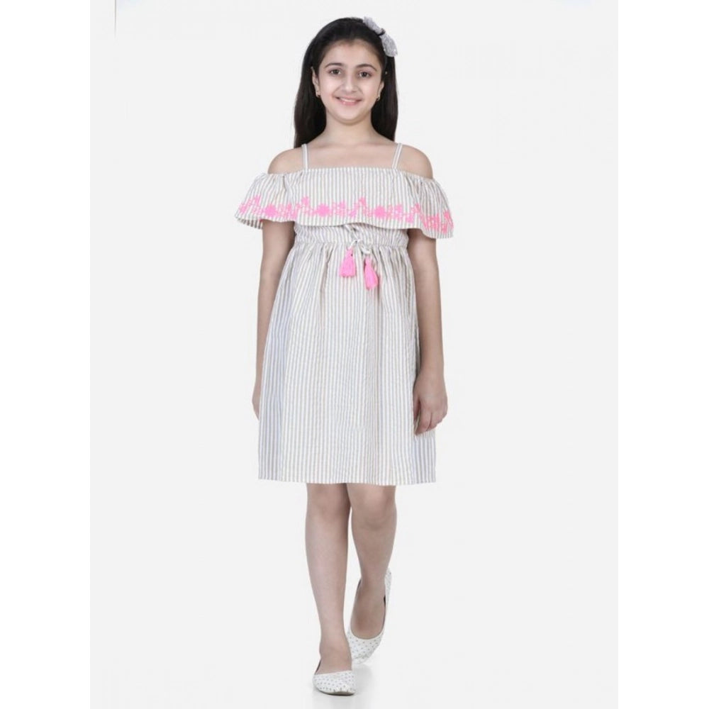 Beige-Pink cotton printed sleeveless shoulder straps dress for girls, above knee length
