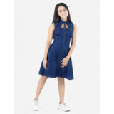 Blue denim solid sleeveless shirt collar dress for girls
