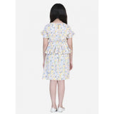 Multicolor rayon floral printed girls' short sleeve V-neck dress, knee length on model