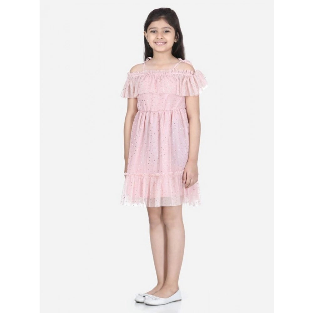Pink polyester net embellished short sleeve shoulder straps dress for girls, fashionable and vibrant party wear