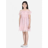 Pink polyester net embellished short sleeve shoulder straps dress for girls, fashionable and vibrant party wear