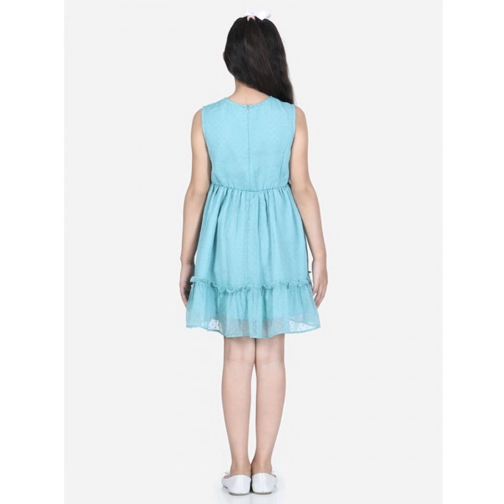 Blue polyester dobby floral printed sleeveless round neck dress for girls