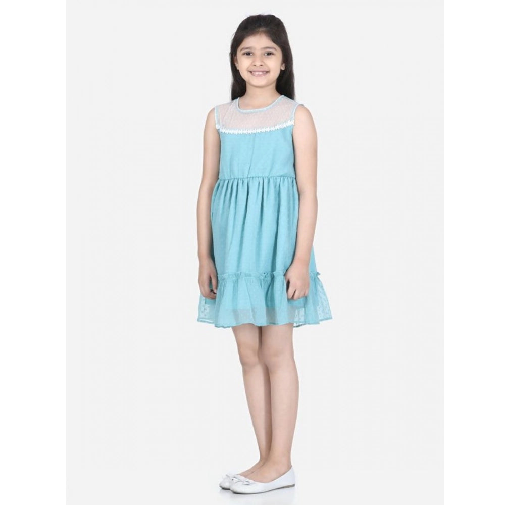 Blue polyester dobby floral printed sleeveless round neck dress for girls, above knee length