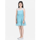 Blue polyester dobby floral printed sleeveless round neck dress for girls, above knee length