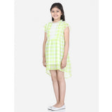 Lime green polyester chiffon short sleeve round neck dress for girls on clothing rack