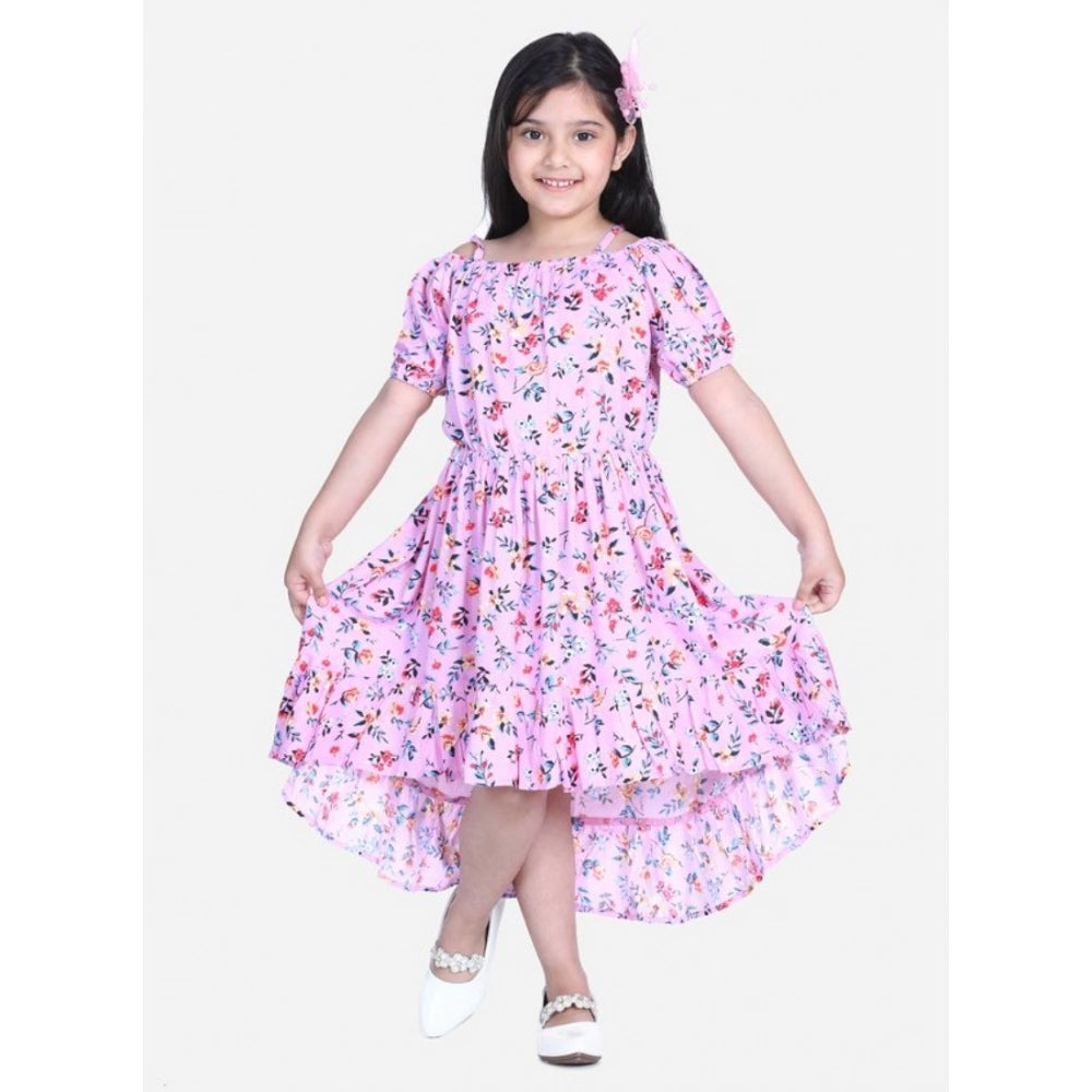 Light Pink Rayon Girl's Solid Short-Sleeve Dress with Shoulder Straps, below knee length on model