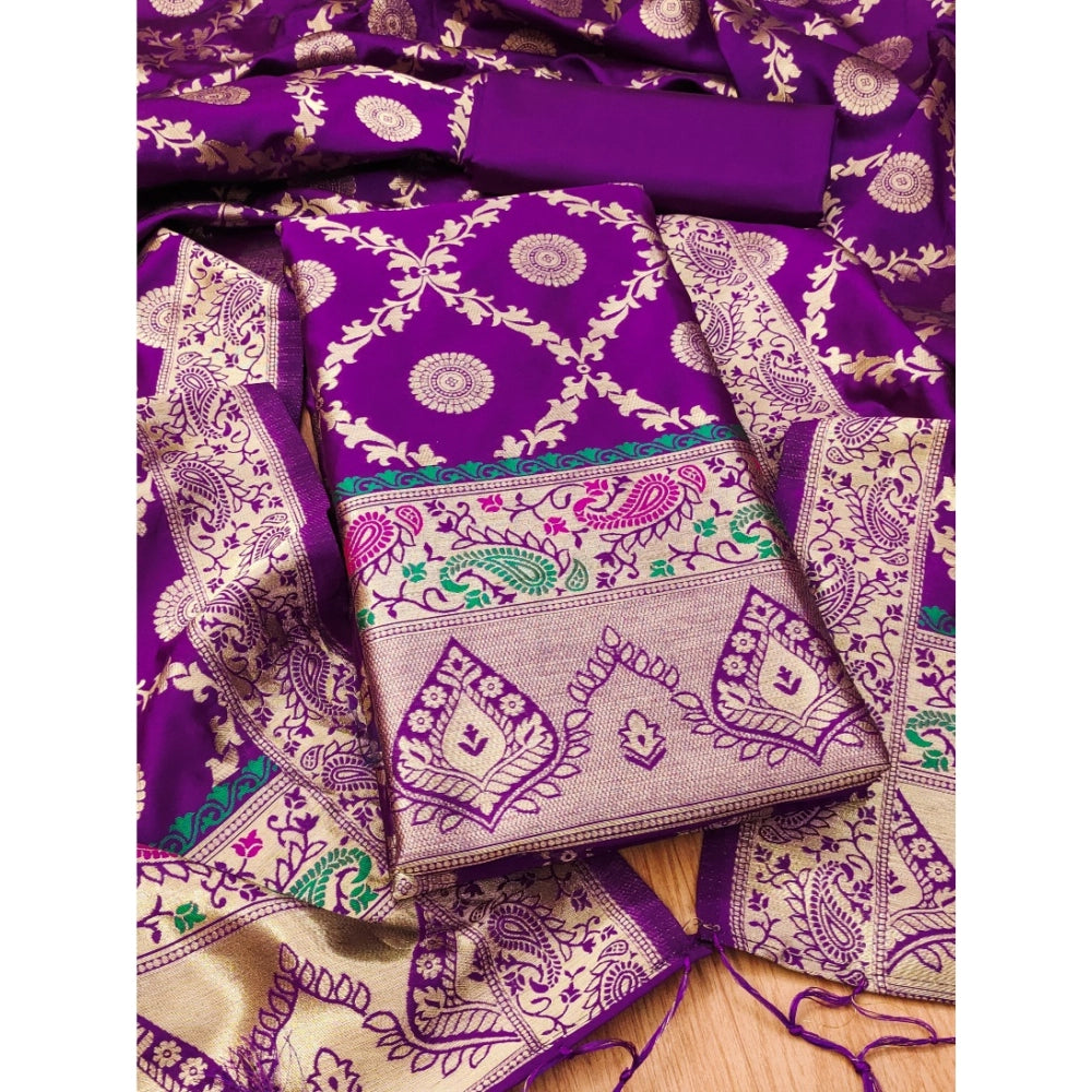 Purple Banarasi silk printed unstitched salwar suit with dupatta (3m)