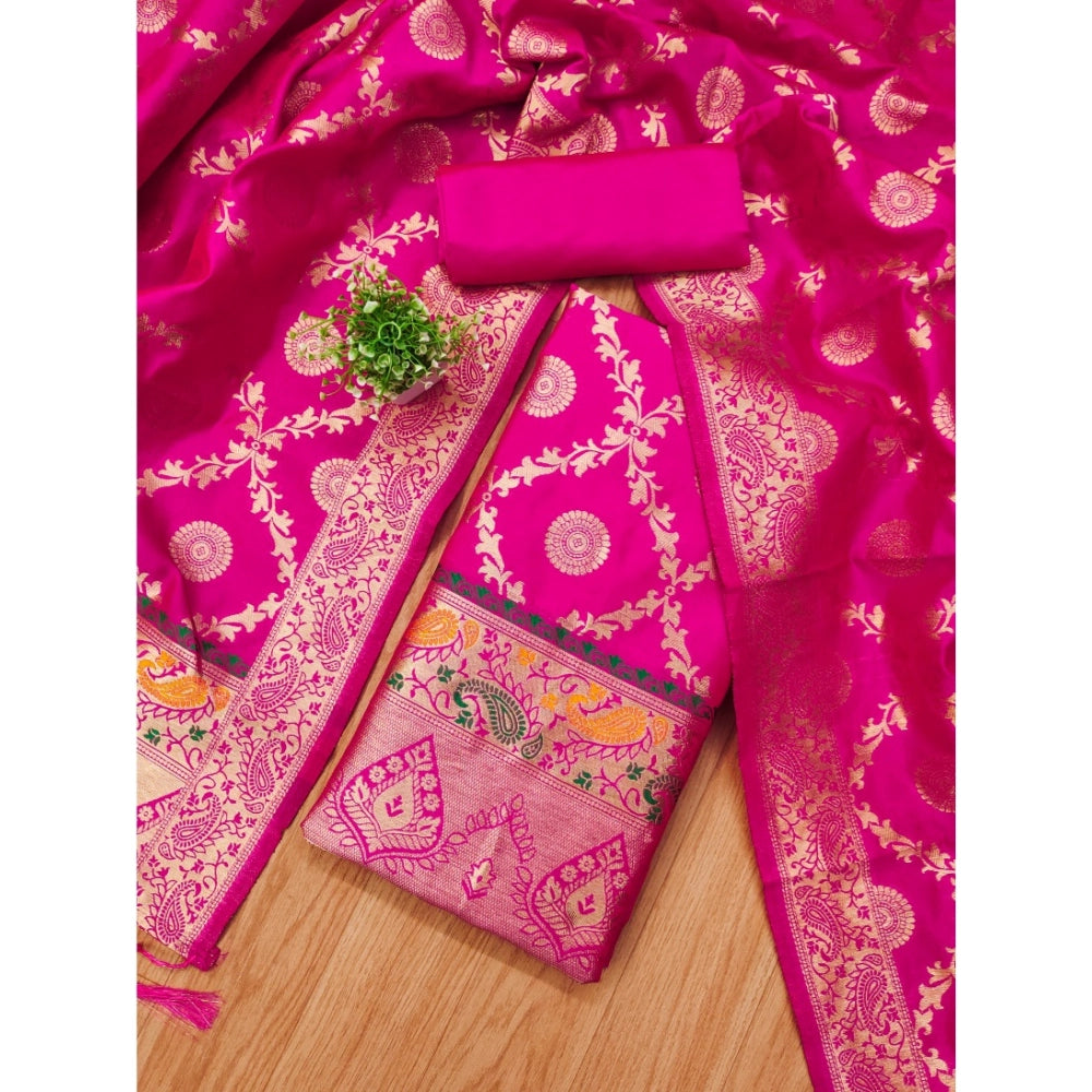 Pink Banarasi silk printed unstitched salwar suit set (3m) with dupatta for women's ethnic fashion