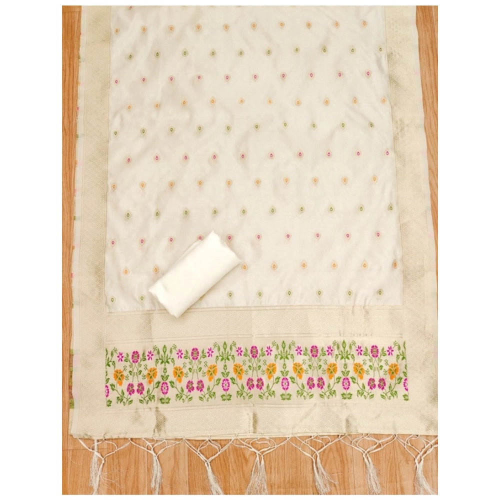 White Banarasi Silk printed unstitched salwar suit with dupatta (3m) on mannequin