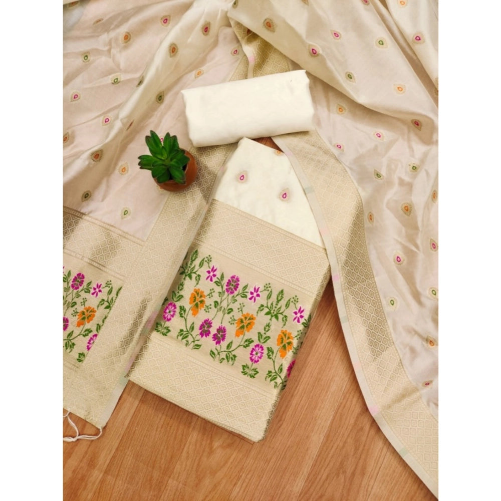 White Banarasi silk printed unstitched salwar suit & dupatta (3m)