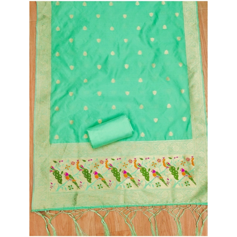 Sea green Banarasi silk printed unstitched salwar suit with dupatta, perfect for Indian festivals
