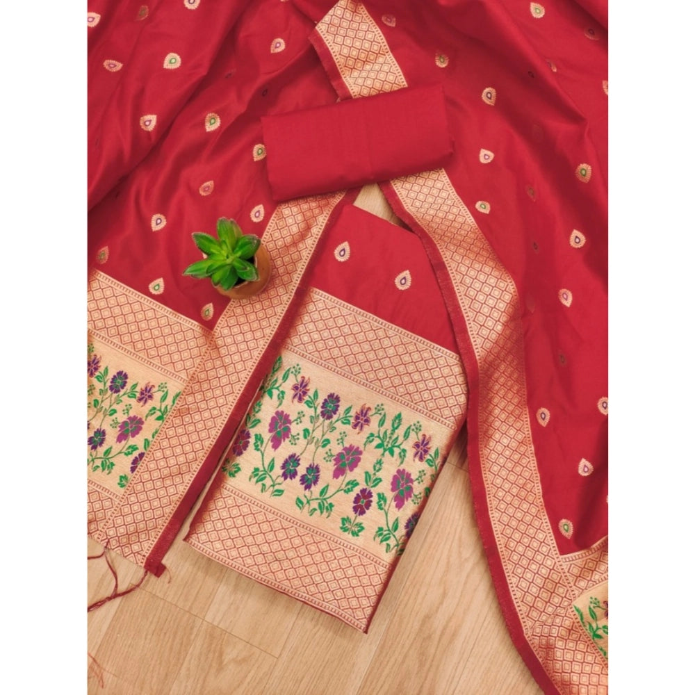 Red Banarasi silk printed unstitched salwar suit with dupatta (3m)