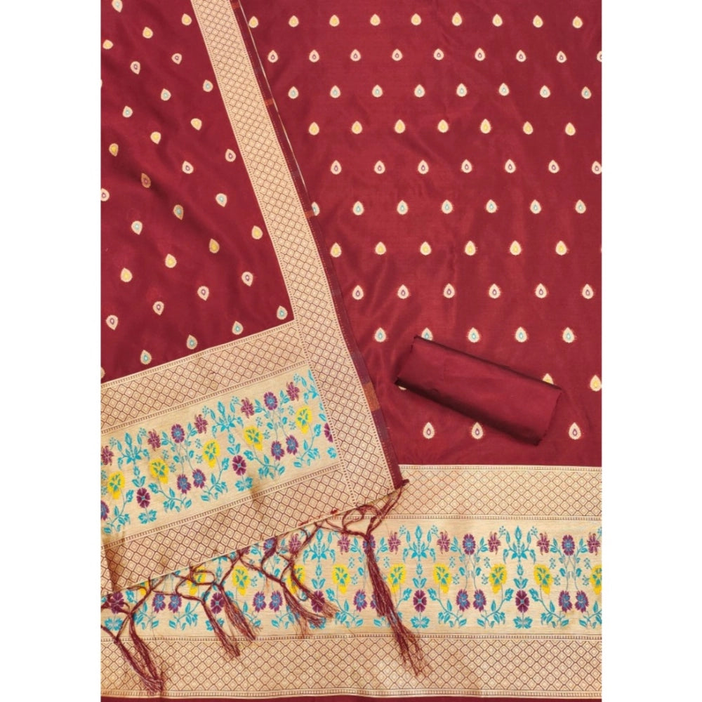 Maroon Banarasi silk printed unstitched salwar suit with dupatta (3m) - women's fashion, Indian ethnic wear on mannequin