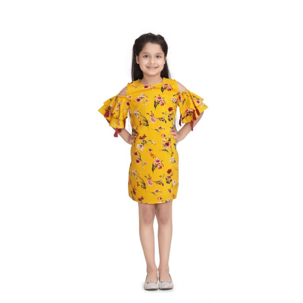 Yellow polyester crepe floral printed long sleeve round neck dress for girls