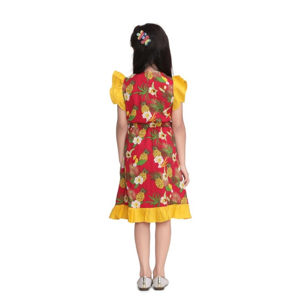 Pink cotton printed cold shoulder v-neck dress for girls, knee length style with decorative sleeves