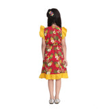 Pink cotton printed cold shoulder v-neck dress for girls, knee length style with decorative sleeves