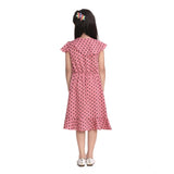 Pink polyester crepe flutter v-neck dress for girls with printed pattern, knee length style on mannequin