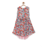 Multicolor polyester crepe printed sleeveless round neck dress for girls, vibrant patterns on display