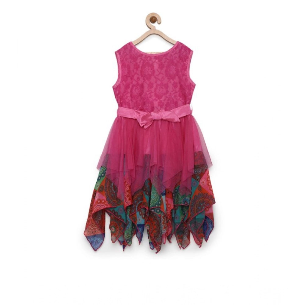 Multicolor polyester net floral printed sleeveless round neck dress for girls, vibrant floral pattern on display
