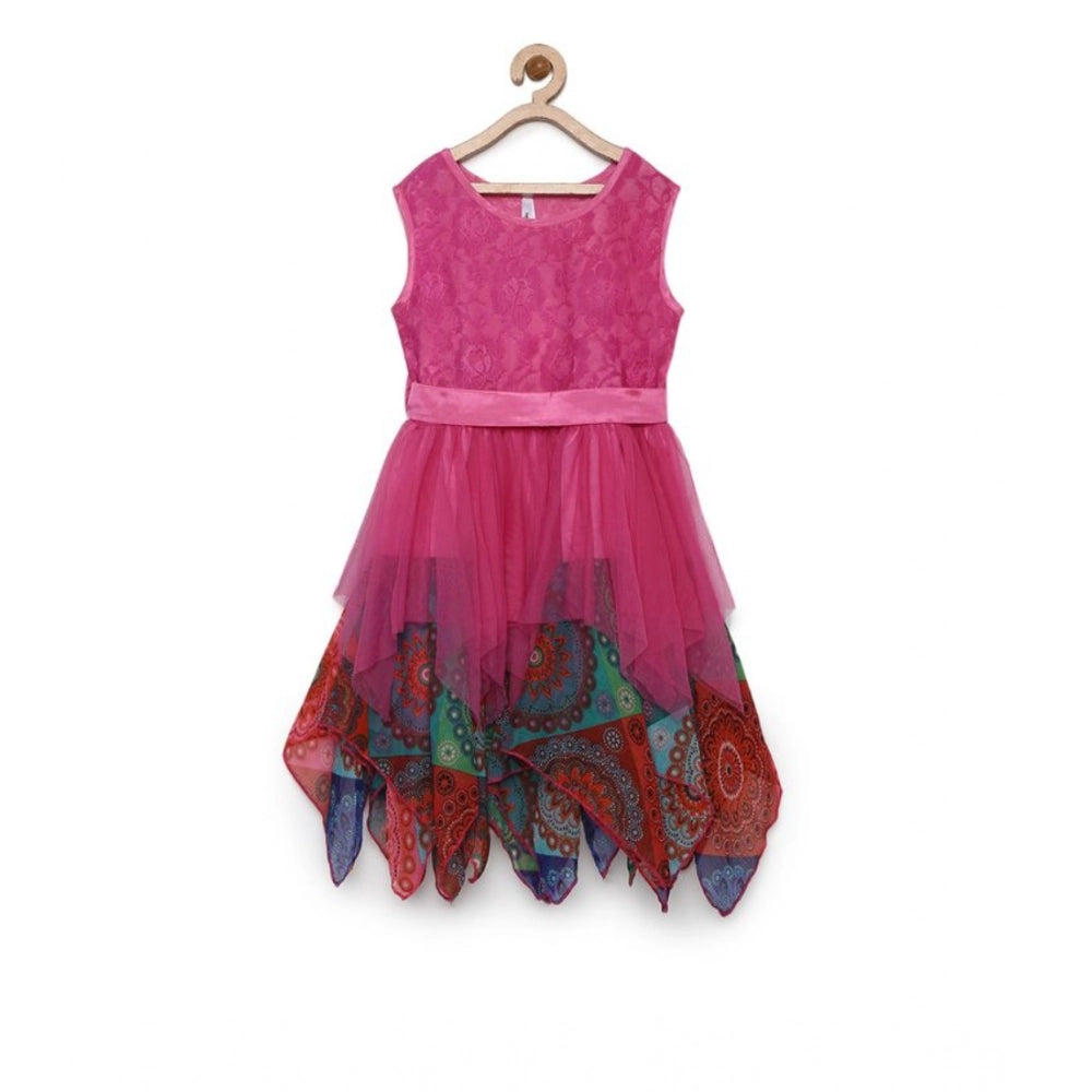 Multicolor polyester net floral printed sleeveless round neck dress for girls, vibrant floral print on knee length dress