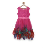 Multicolor polyester net floral printed sleeveless round neck dress for girls, vibrant floral print on knee length dress