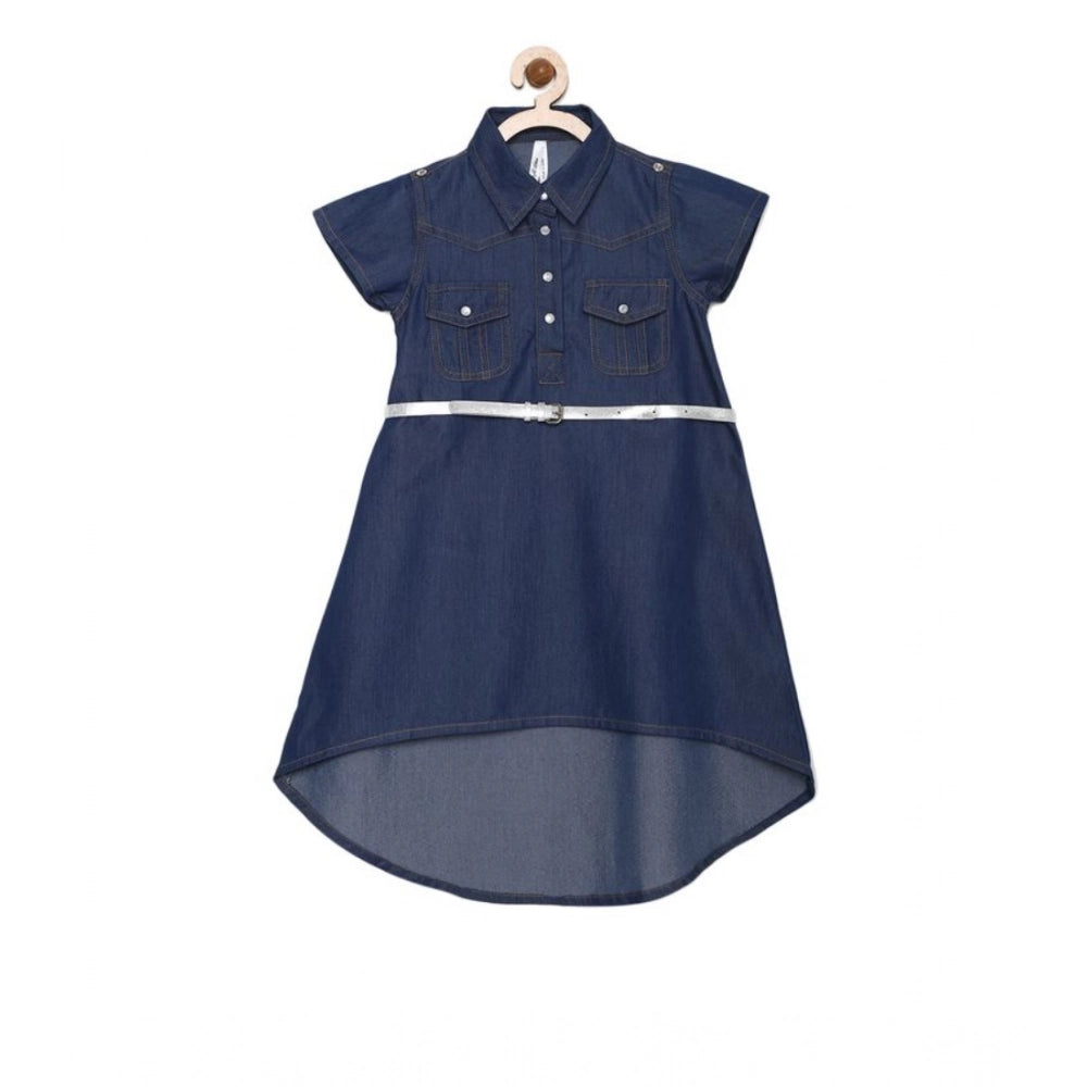 Blue denim solid short sleeve shirt collar dress for girls