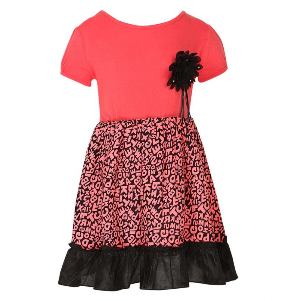 Pink polyester crepe embellished short sleeve round neck dress for girls