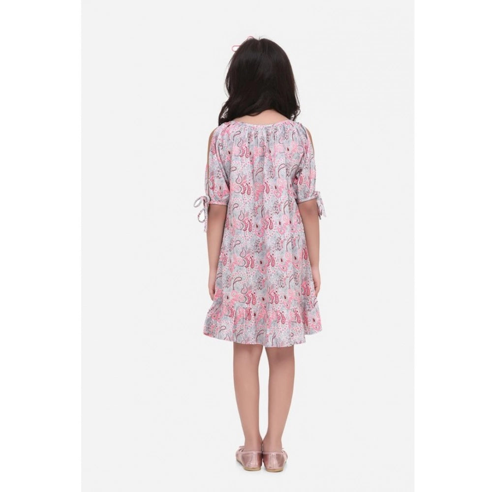 Pink cotton floral printed sleeveless round neck dress for girls, above knee length