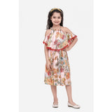 Peach satin floral printed cold shoulder round neck dress for girls, fashionable eveningwear with knee-length hem