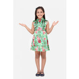 Multicolor satin floral printed sleeveless shirt collar dress for girls, knee-length fashion on mannequin