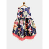 Navy Blue polyester net inset sleeveless round neck dress for girls, featuring intricate detailing