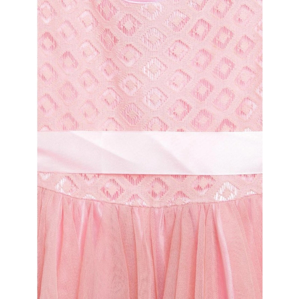 Peach polyester net embroidered sleeveless round neck dress for girls, close-up view on hanger