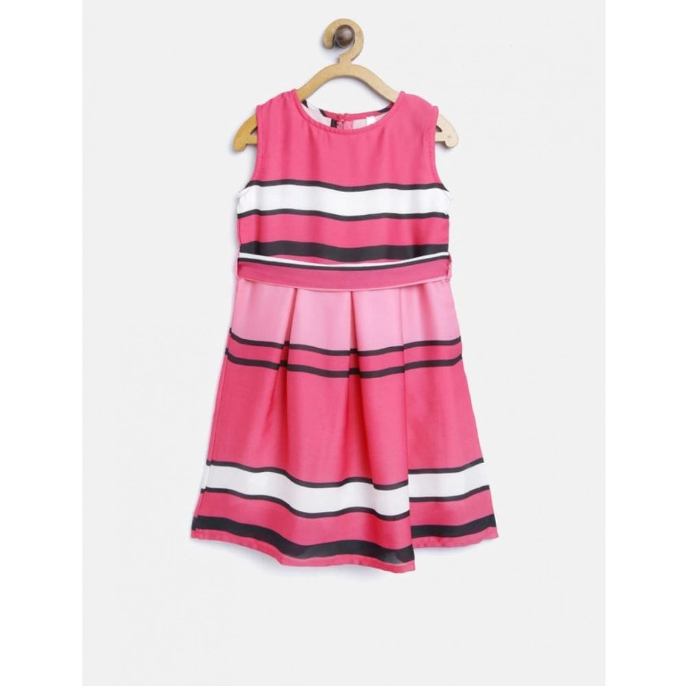 Pink satin striped knee-length dress for girls, sleeveless round neck design