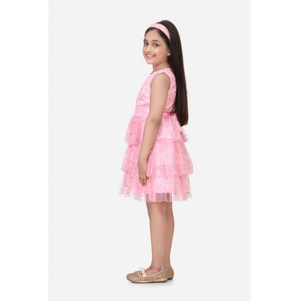 Pink embellished net sleeveless round neck dress for girls, perfect for parties or special occasions