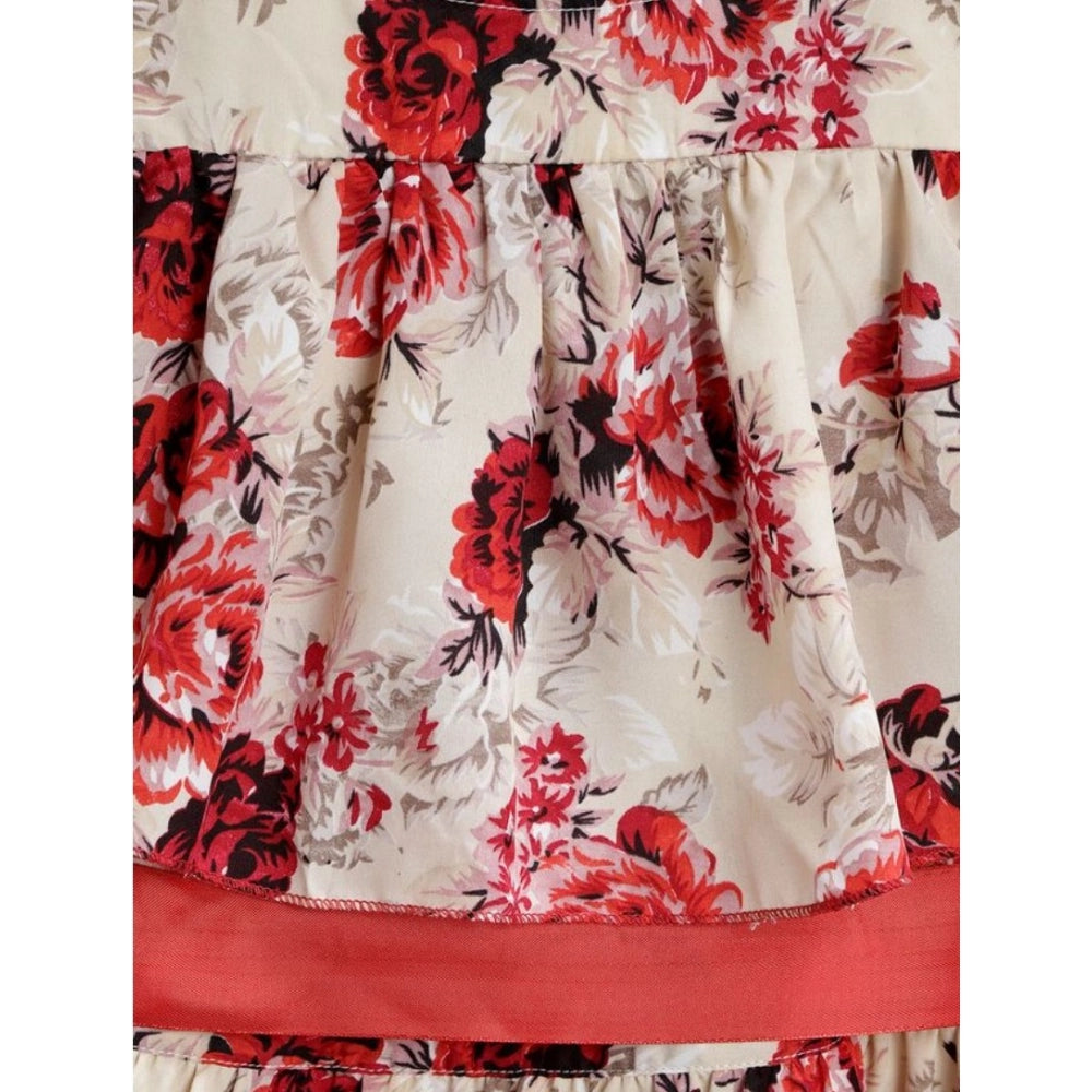 Cream-red polyester crepe printed short sleeve cold shoulder neck dress for girls