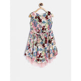Multicolor polyester crepe printed short sleeve round neck dress for girls, vibrant patterns on display