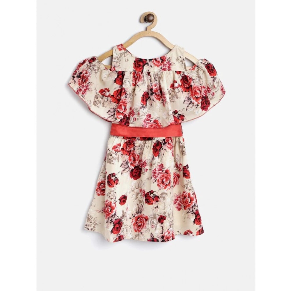 Cream-Red polyester crepe printed cold shoulder knee length dress for girls