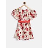 Cream-Red polyester crepe printed cold shoulder knee length dress for girls