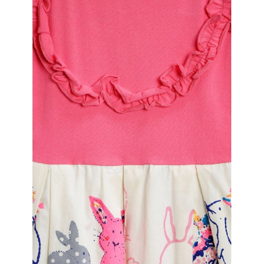 Pink-White cotton printed short sleeve round neck dress for girls, casual summer attire with vibrant patterns