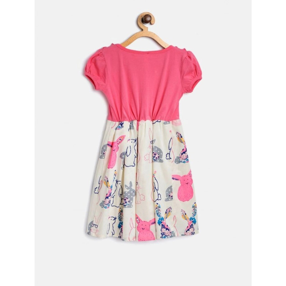 Pink-White cotton printed short sleeve round neck dress for girls, vibrant summer style