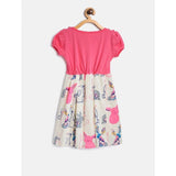 Pink-White cotton printed short sleeve round neck dress for girls, vibrant summer style