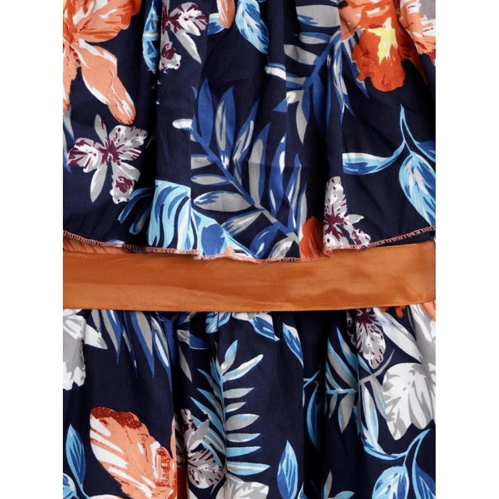 Multicolor polyester crepe floral printed bell sleeve cold shoulder neck dress for girls, vibrant floral design on a knee-length dress