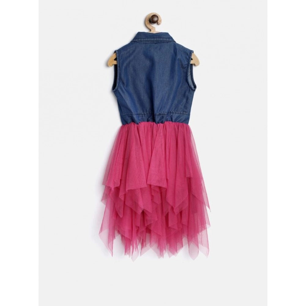 Blue-Pink polyester crepe-net solid shoulder straps shirt collar dress for girls, on mannequin